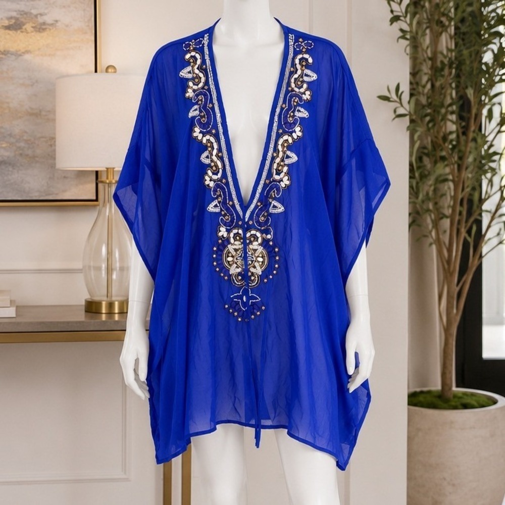 Spiaggia Dolce Womens Swim Cover Up Royal Blue Beaded V-Neck Kaftan XL